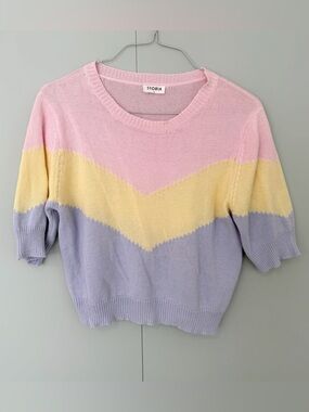STORIA Pastel Colorblock Short Sleeve Cotton Sweater Pink Yellow Purple BT2085
